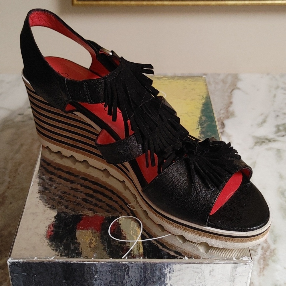 Pas Ole Rouge Cloe Black Leather Suede Fringe Wedge Sandals Size 40